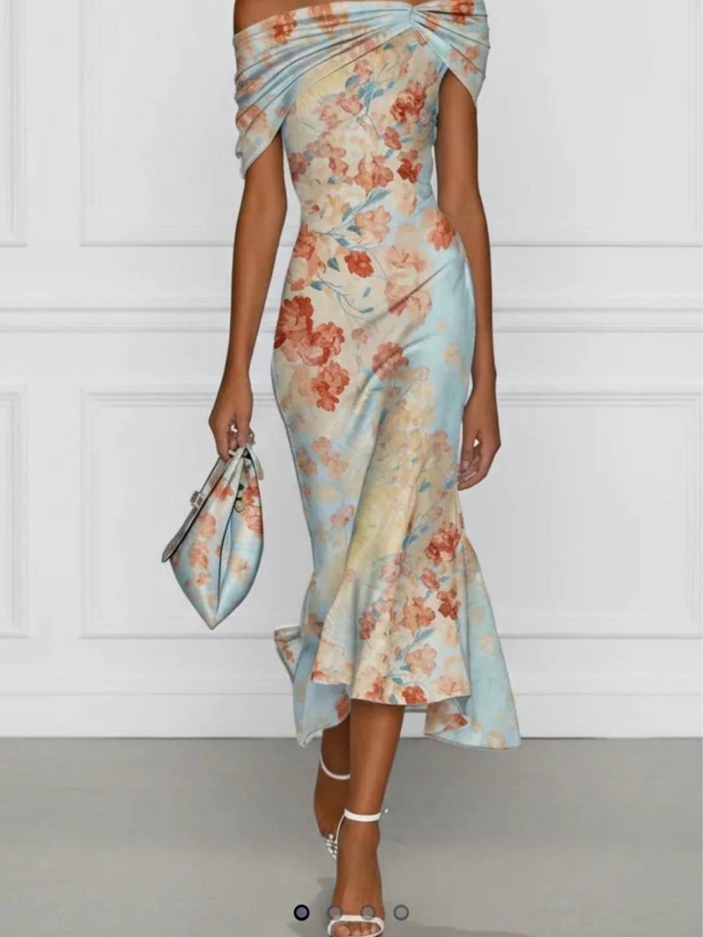 Light Blue Floral Off-Shoulder Midi Dress